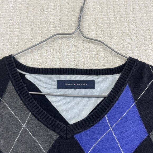 VTG Tommy Hilfiger Argyle Sweater Mens Purple / Black Diamond Dark Academia Read - Picture 5 of 11